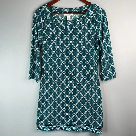 WHITE HOUSE BLACK MARKET Retro Print Dress Green Round Neck 3/4 Sleeve Size S - Picture 11 of 11